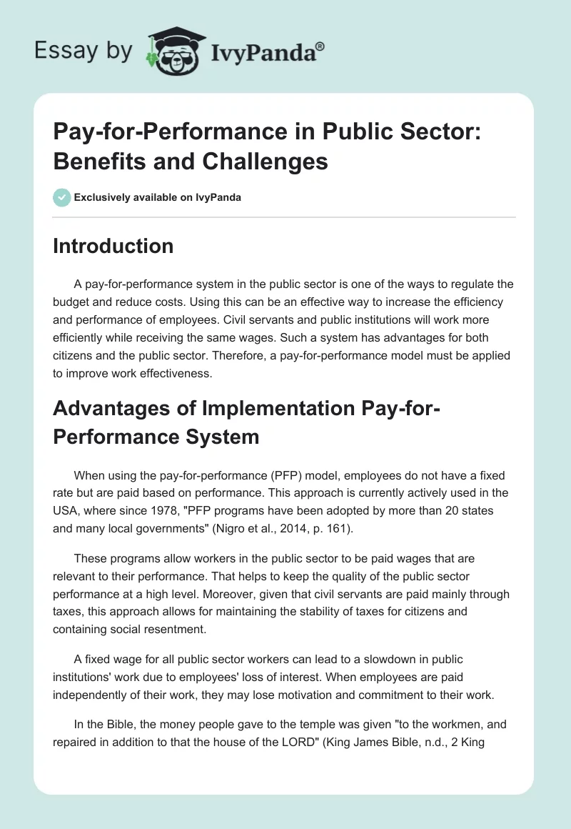 Pay-for-Performance in Public Sector: Benefits and Challenges. Page 1