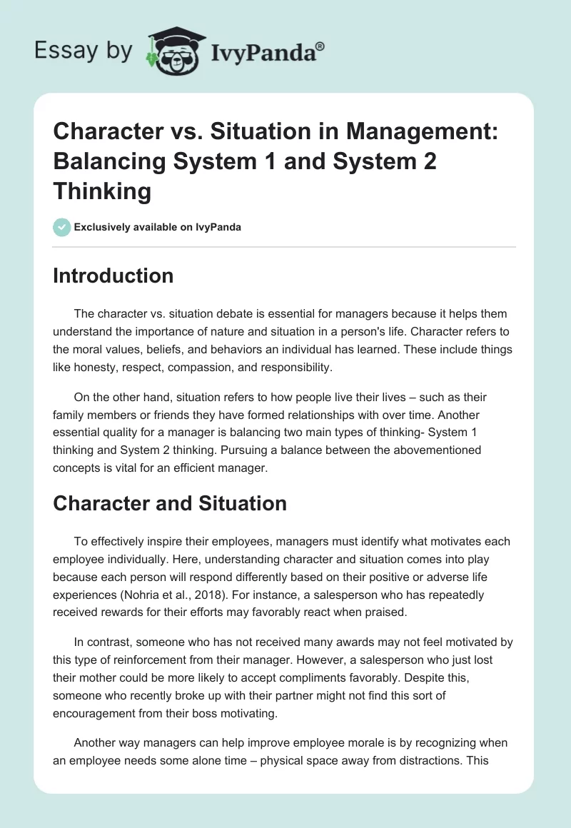 Character vs. Situation in Management: Balancing System 1 and System 2 Thinking. Page 1