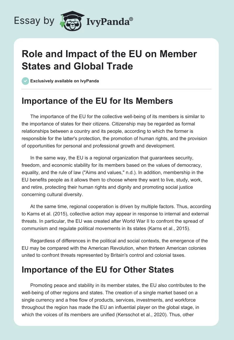 Role and Impact of the EU on Member States and Global Trade. Page 1