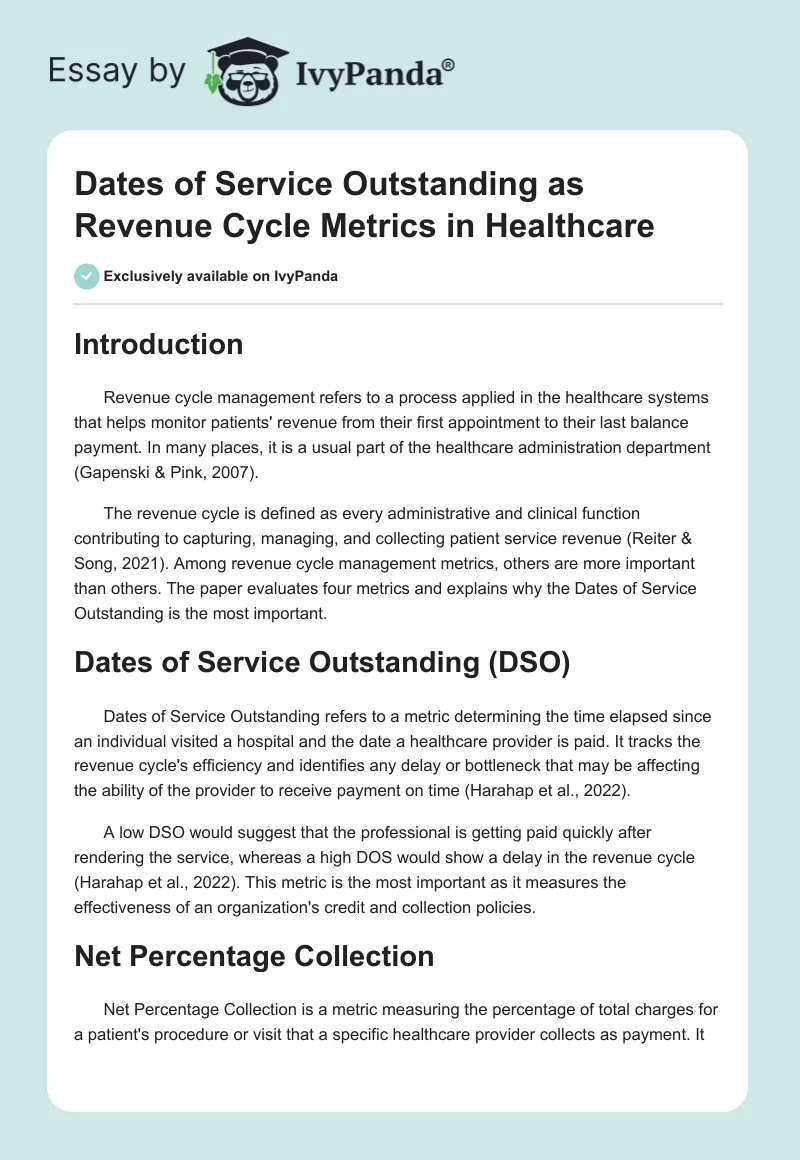 Dates of Service Outstanding as Revenue Cycle Metrics in Healthcare. Page 1