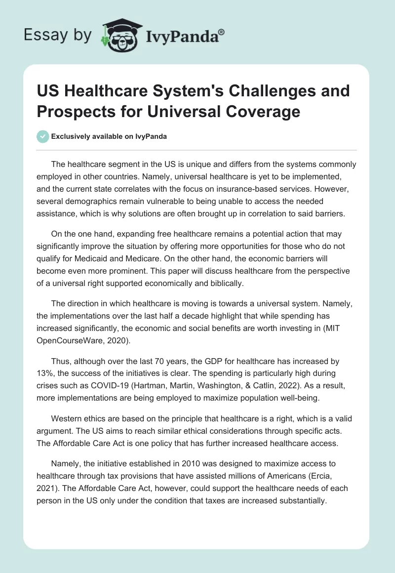 US Healthcare System's Challenges and Prospects for Universal Coverage. Page 1