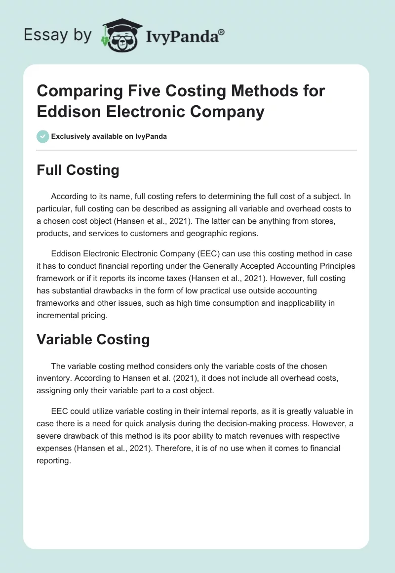 Comparing Five Costing Methods for Eddison Electronic Company. Page 1