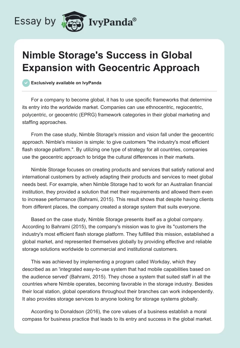 Nimble Storage's Success in Global Expansion with Geocentric Approach. Page 1