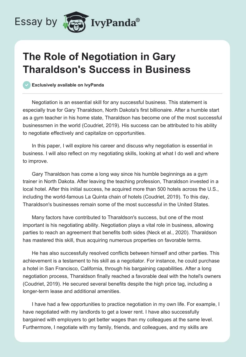 The Role of Negotiation in Gary Tharaldson's Success in Business. Page 1