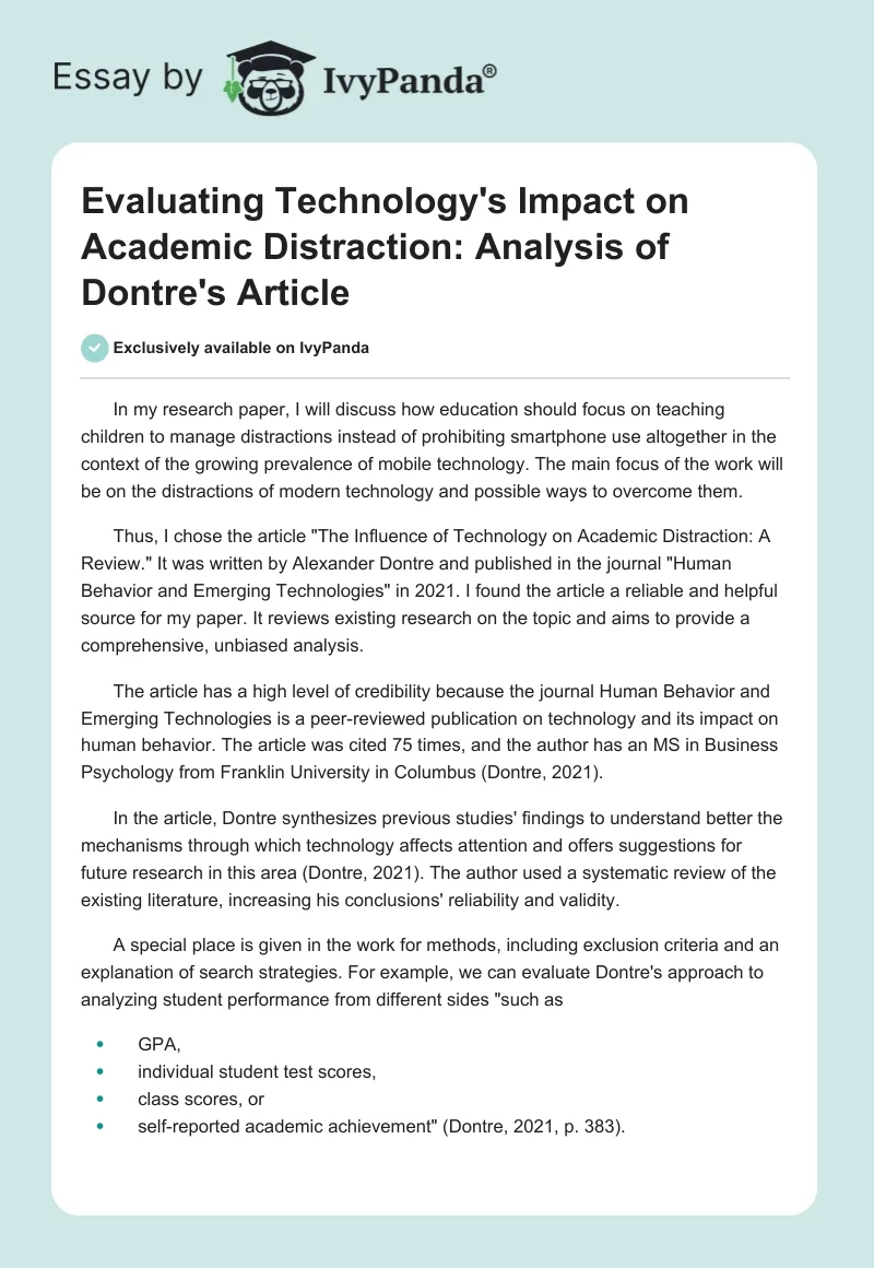 Evaluating Technology's Impact on Academic Distraction: Analysis of Dontre's Article. Page 1