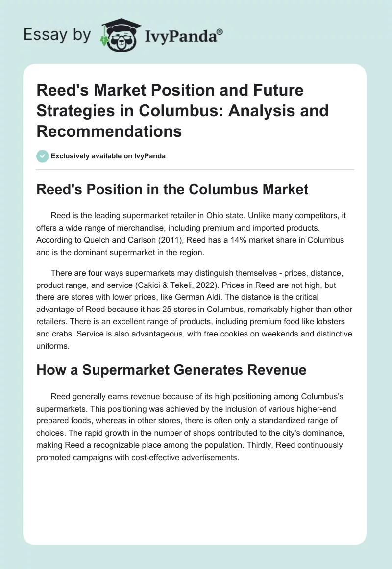 Reed's Market Position and Future Strategies in Columbus: Analysis and Recommendations. Page 1