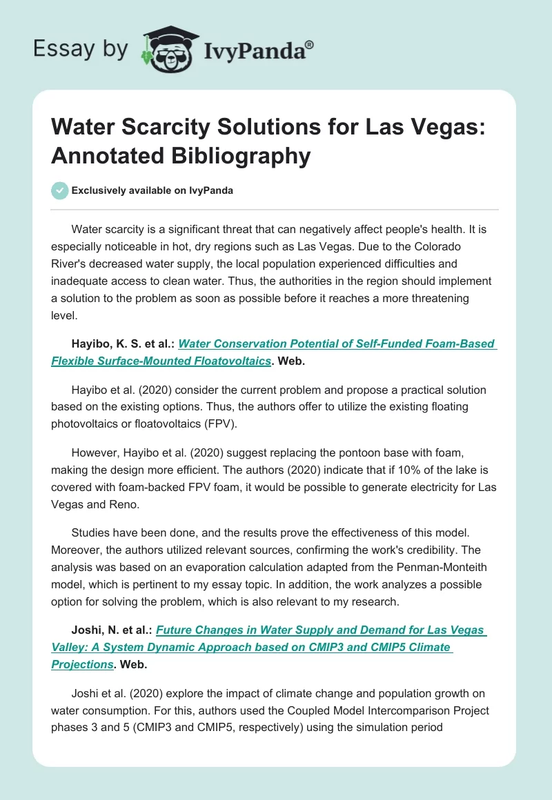 Water Scarcity Solutions for Las Vegas: Annotated Bibliography. Page 1