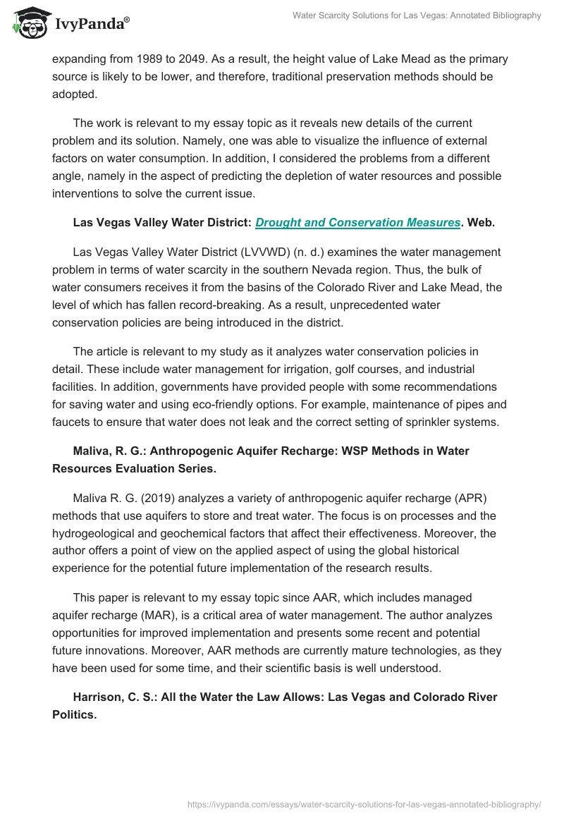 Water Scarcity Solutions for Las Vegas: Annotated Bibliography. Page 2