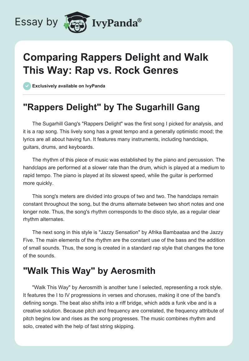 Comparing "Rappers Delight" and "Walk This Way": Rap vs. Rock Genres. Page 1