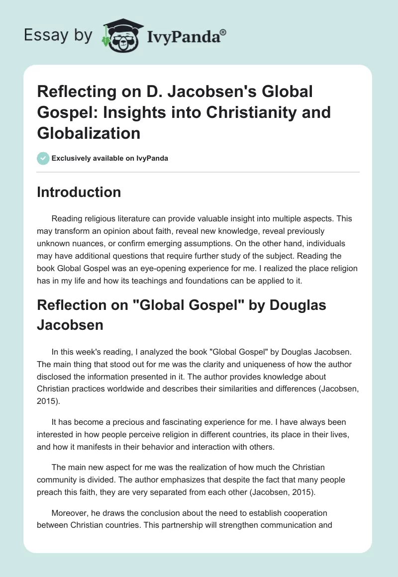 Reflecting on D. Jacobsen's "Global Gospel": Insights into Christianity and Globalization. Page 1