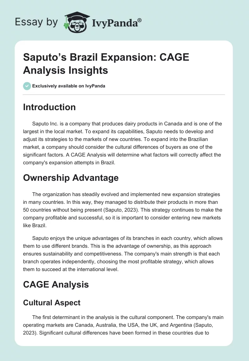 Saputo’s Brazil Expansion: CAGE Analysis Insights. Page 1