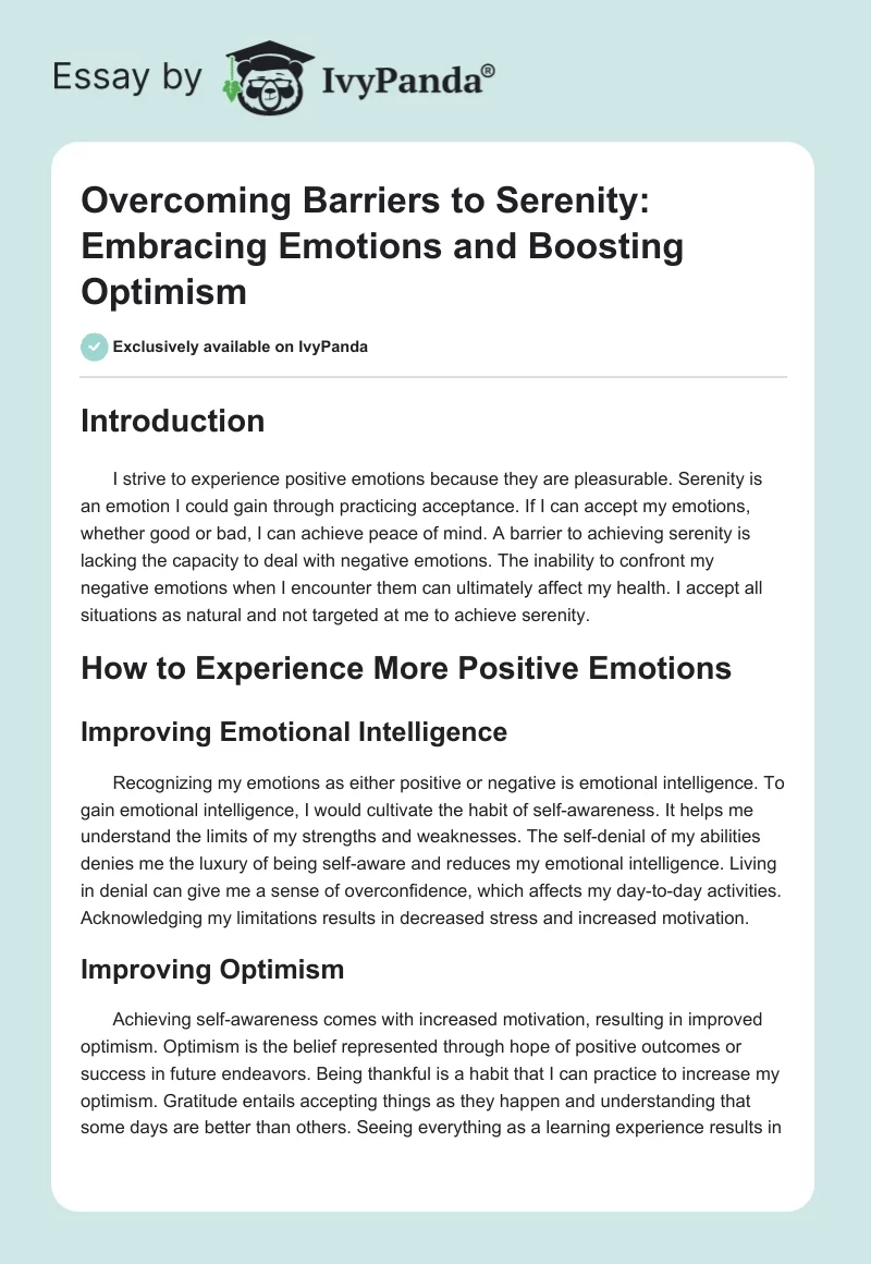 Overcoming Barriers to Serenity: Embracing Emotions and Boosting Optimism. Page 1