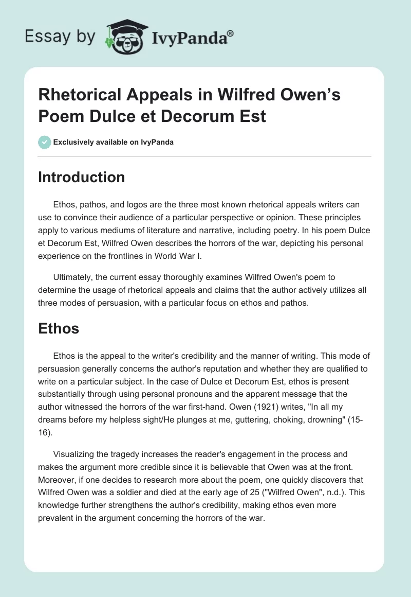 Rhetorical Appeals in Wilfred Owen’s Poem Dulce et Decorum Est. Page 1