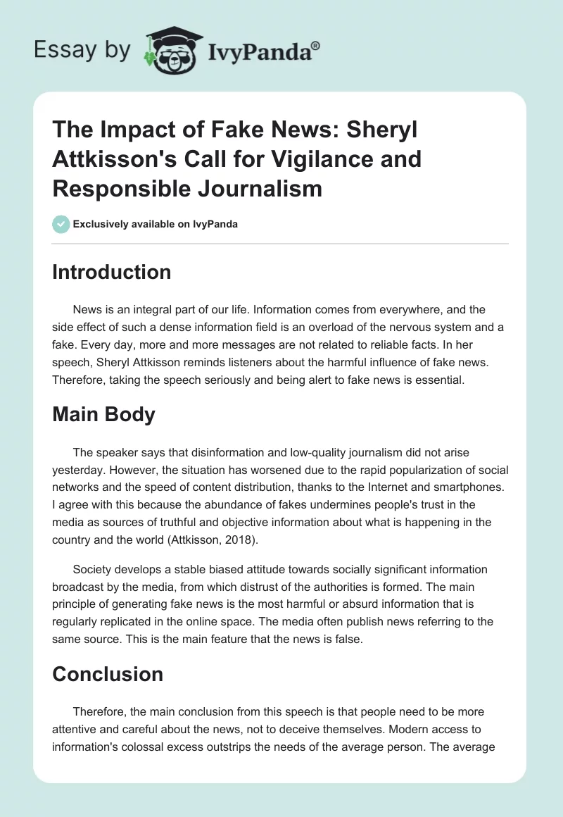 The Impact of Fake News: Sheryl Attkisson's Call for Vigilance and Responsible Journalism. Page 1