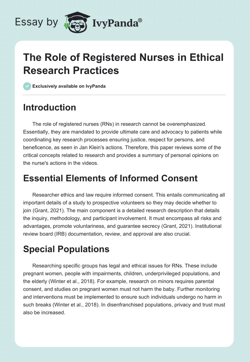 The Role of Registered Nurses in Ethical Research Practices. Page 1