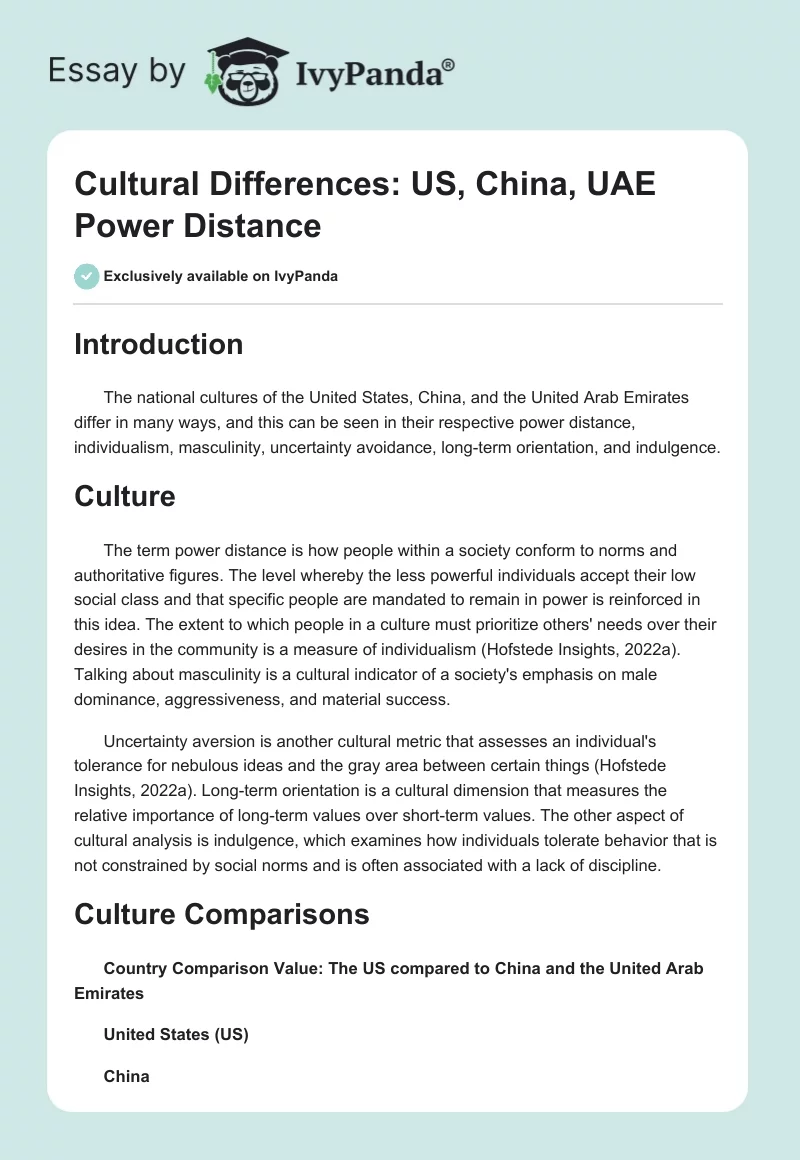 Cultural Differences: US, China, UAE Power Distance. Page 1