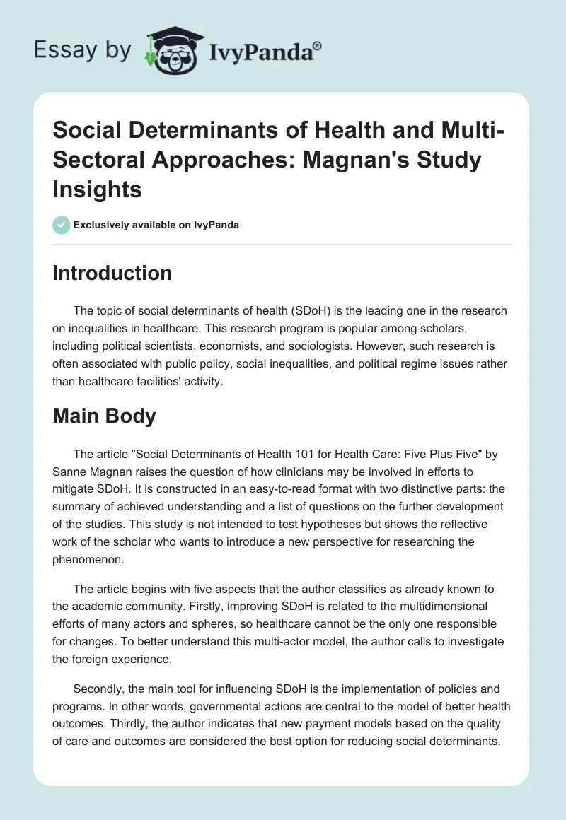 Social Determinants of Health and Multi-Sectoral Approaches: Magnan's Study Insights. Page 1