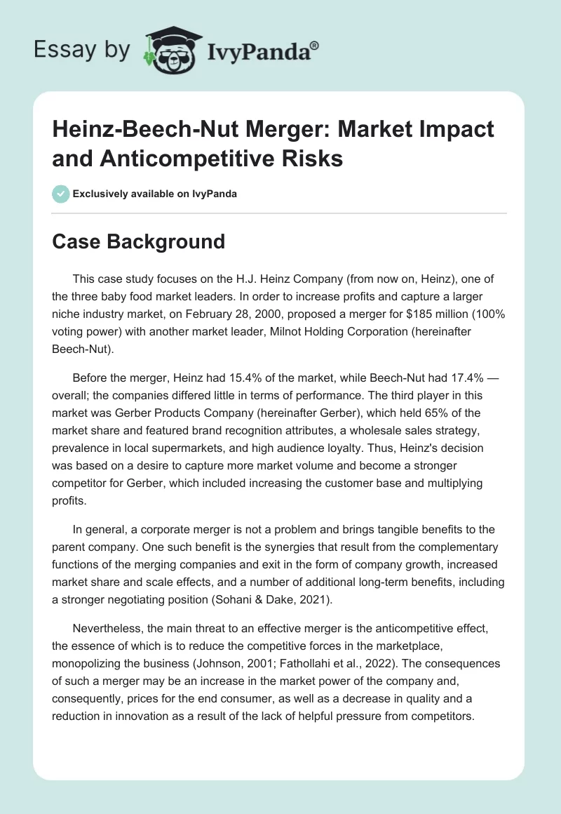 Heinz-Beech-Nut Merger: Market Impact and Anticompetitive Risks. Page 1