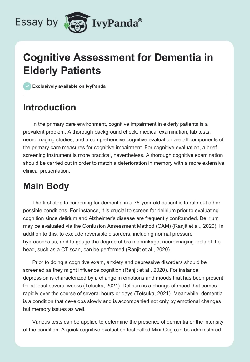 Cognitive Assessment for Dementia in Elderly Patients - 679 Words ...