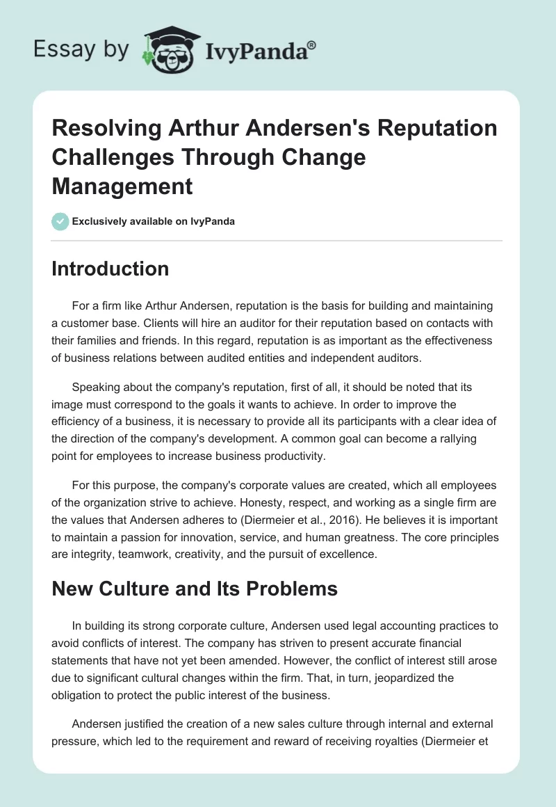 Resolving Arthur Andersen's Reputation Challenges Through Change Management. Page 1