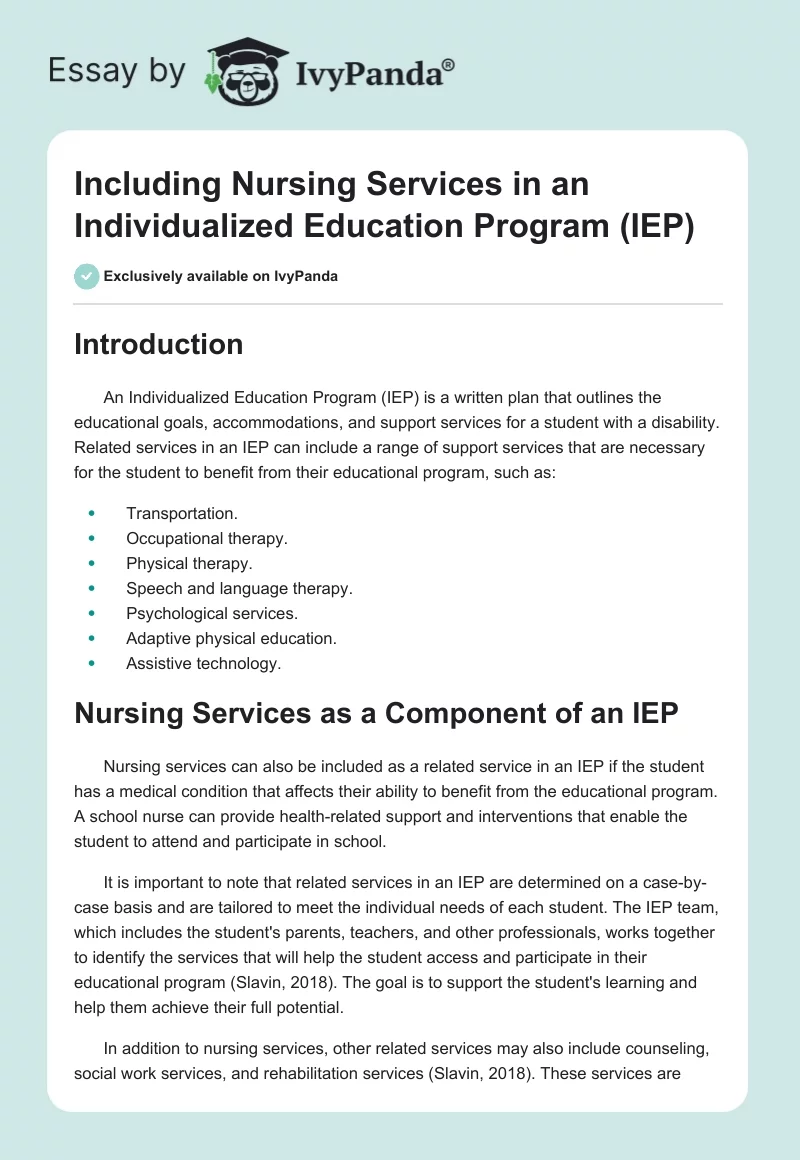 Including Nursing Services in an Individualized Education Program (IEP). Page 1