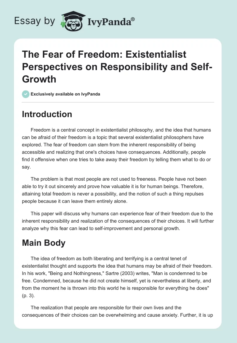 The Fear of Freedom: Existentialist Perspectives on Responsibility and Self-Growth. Page 1