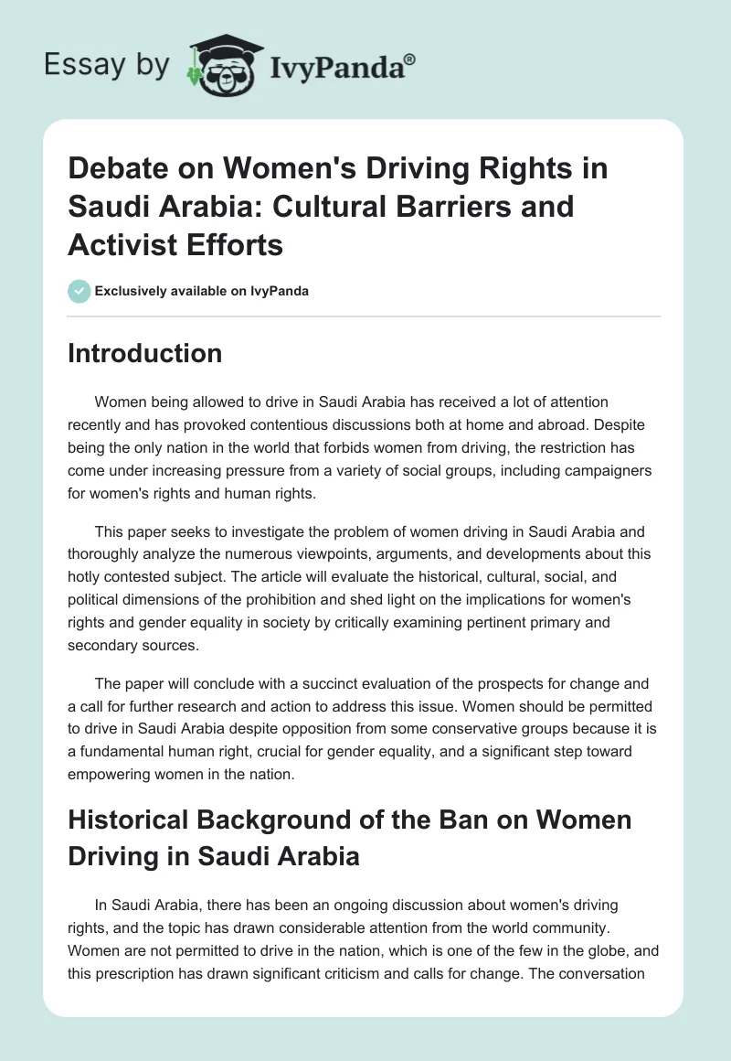 Debate on Women's Driving Rights in Saudi Arabia: Cultural Barriers and Activist Efforts. Page 1