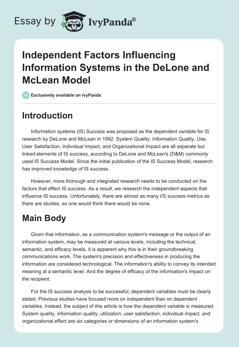 Independent Factors Influencing Information Systems in the DeLone and McLean Model. Page 1