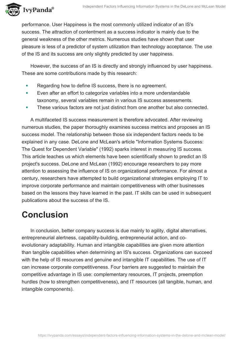 Independent Factors Influencing Information Systems in the DeLone and McLean Model. Page 2