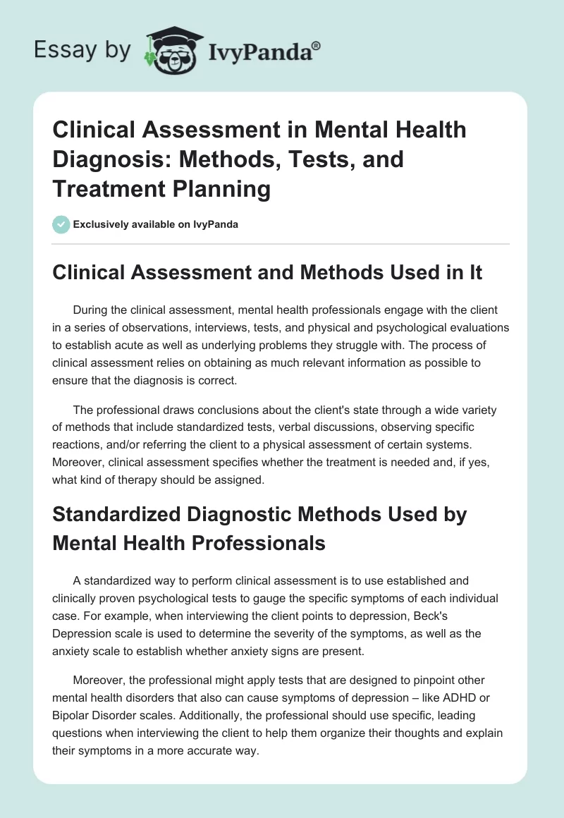 Clinical Assessment in Mental Health Diagnosis: Methods, Tests, and Treatment Planning. Page 1