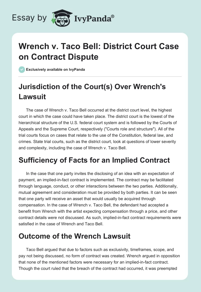 Wrench v. Taco Bell: District Court Case on Contract Dispute. Page 1