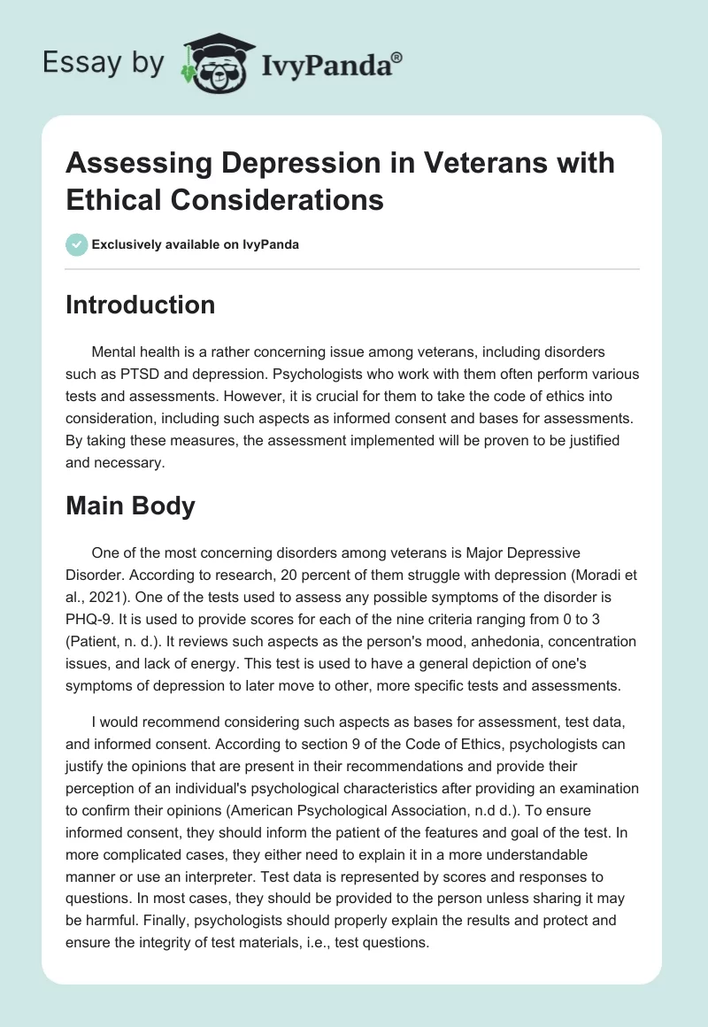 Assessing Depression in Veterans with Ethical Considerations. Page 1