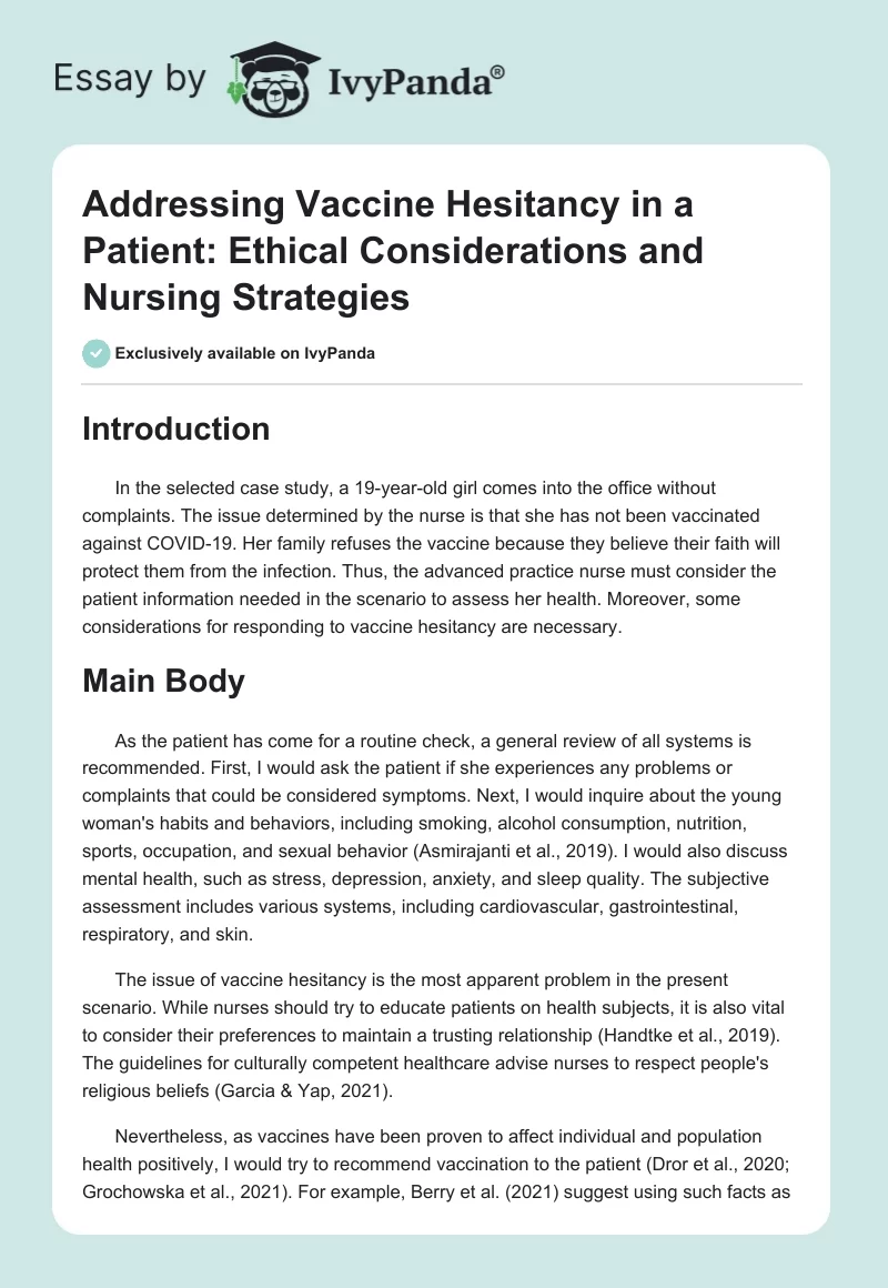 Addressing Vaccine Hesitancy in a Patient: Ethical Considerations and Nursing Strategies. Page 1