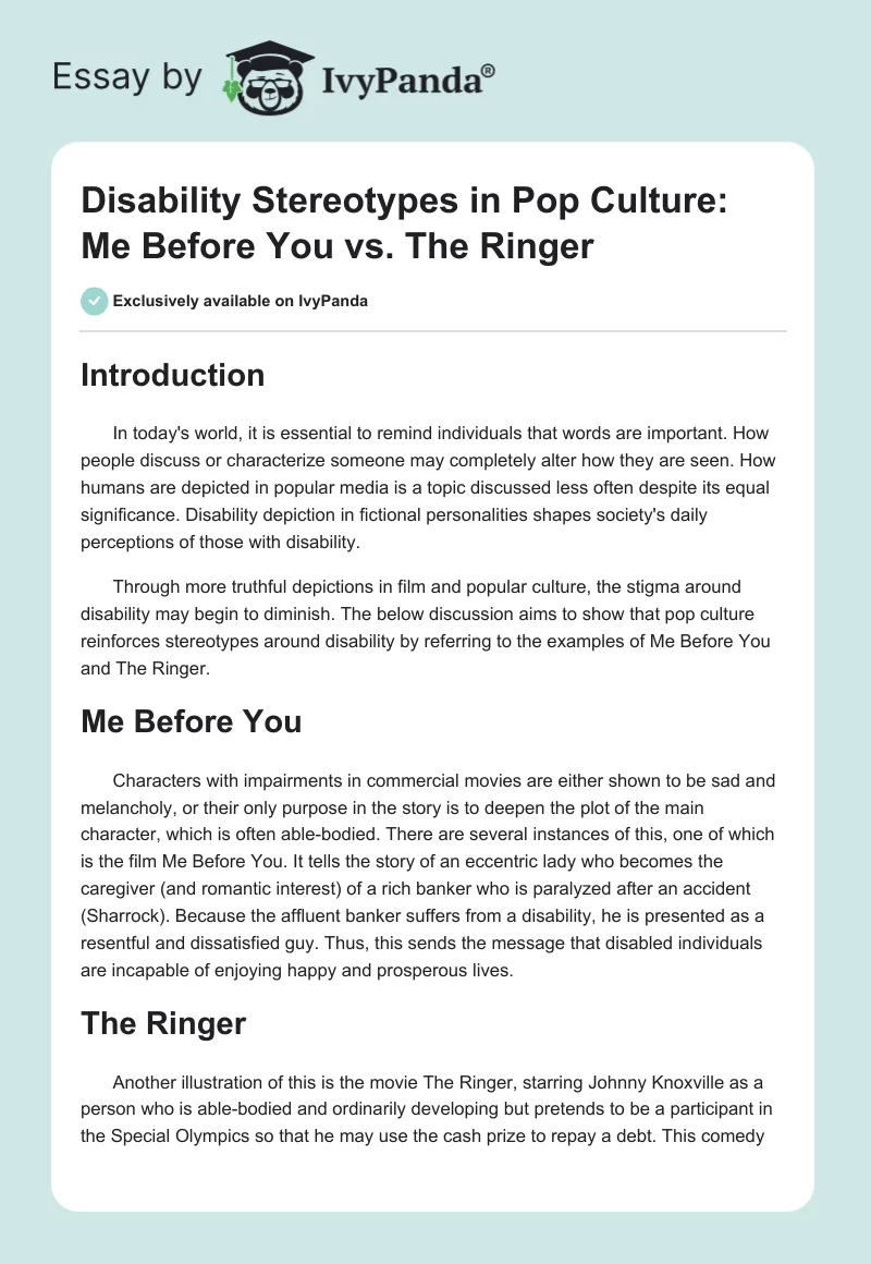 Disability Stereotypes in Pop Culture: Me Before You vs. The Ringer. Page 1