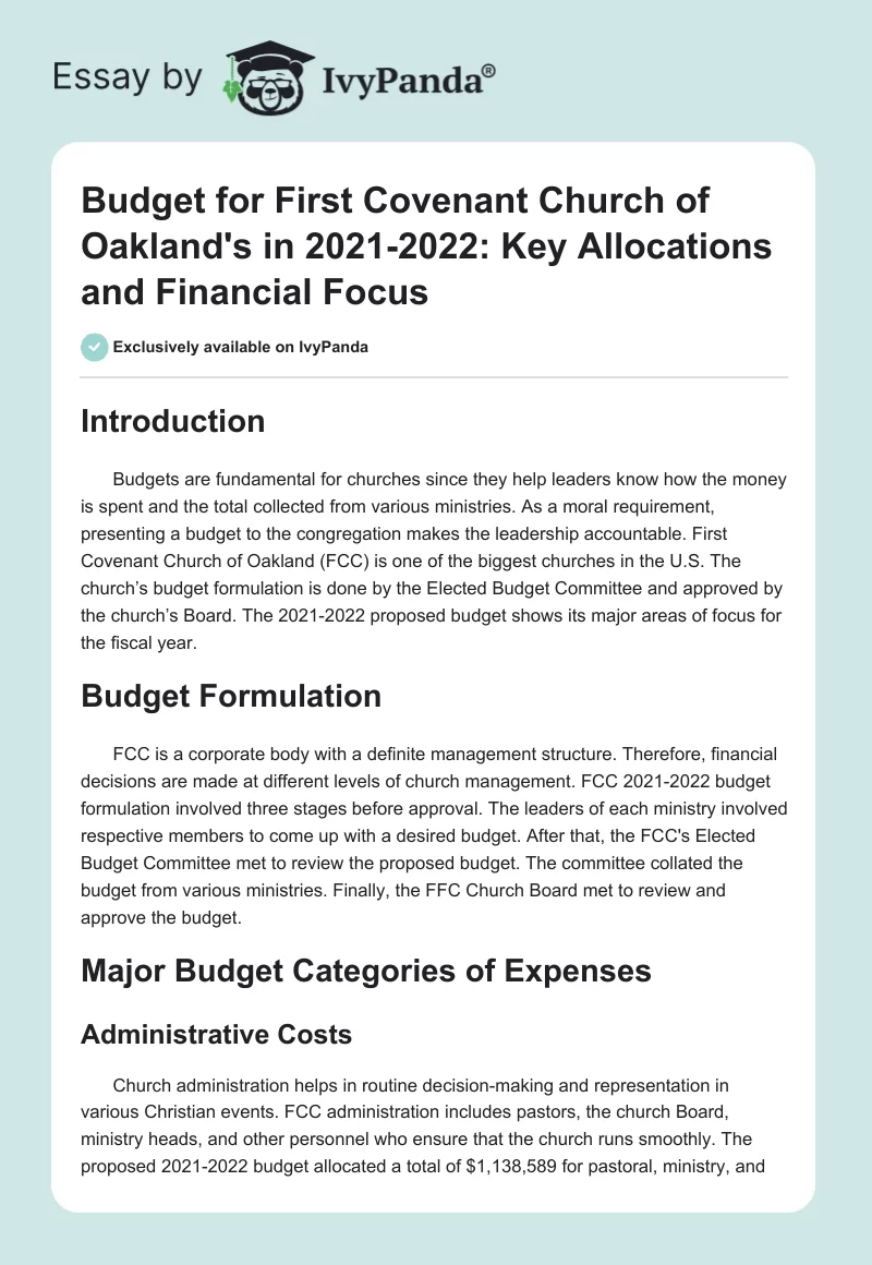 Budget for First Covenant Church of Oakland's in 2021-2022: Key Allocations and Financial Focus. Page 1