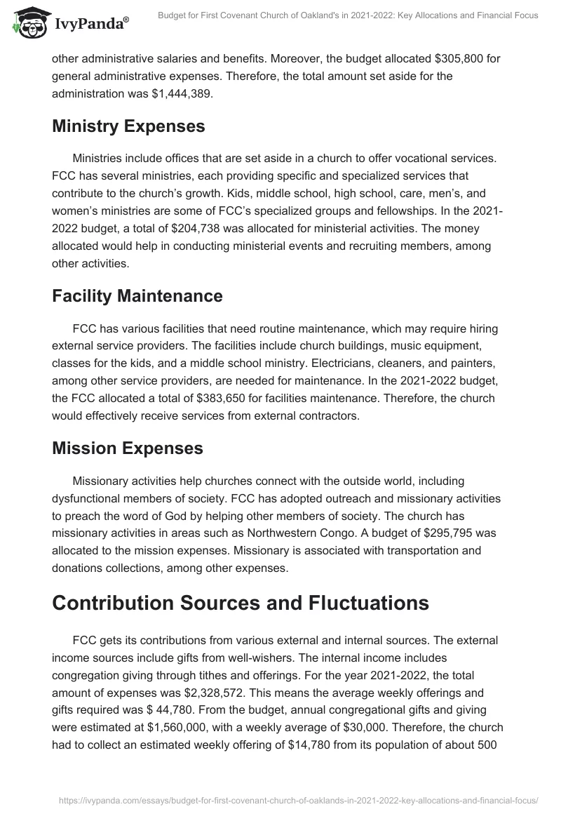 Budget for First Covenant Church of Oakland's in 2021-2022: Key Allocations and Financial Focus. Page 2