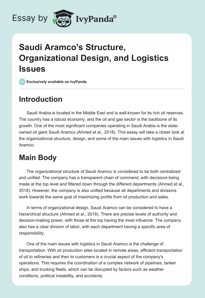 Saudi Aramco's Structure, Organizational Design, and Logistics Issues. Page 1