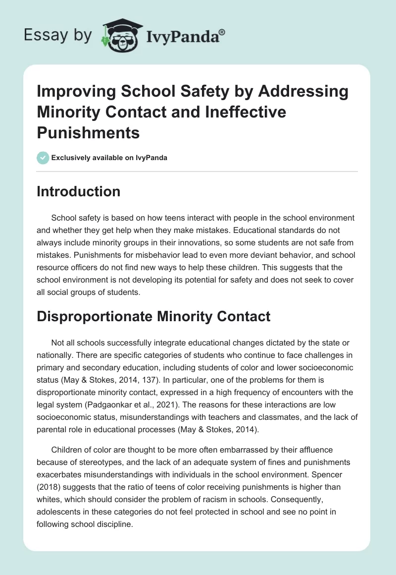 Improving School Safety by Addressing Minority Contact and Ineffective Punishments. Page 1