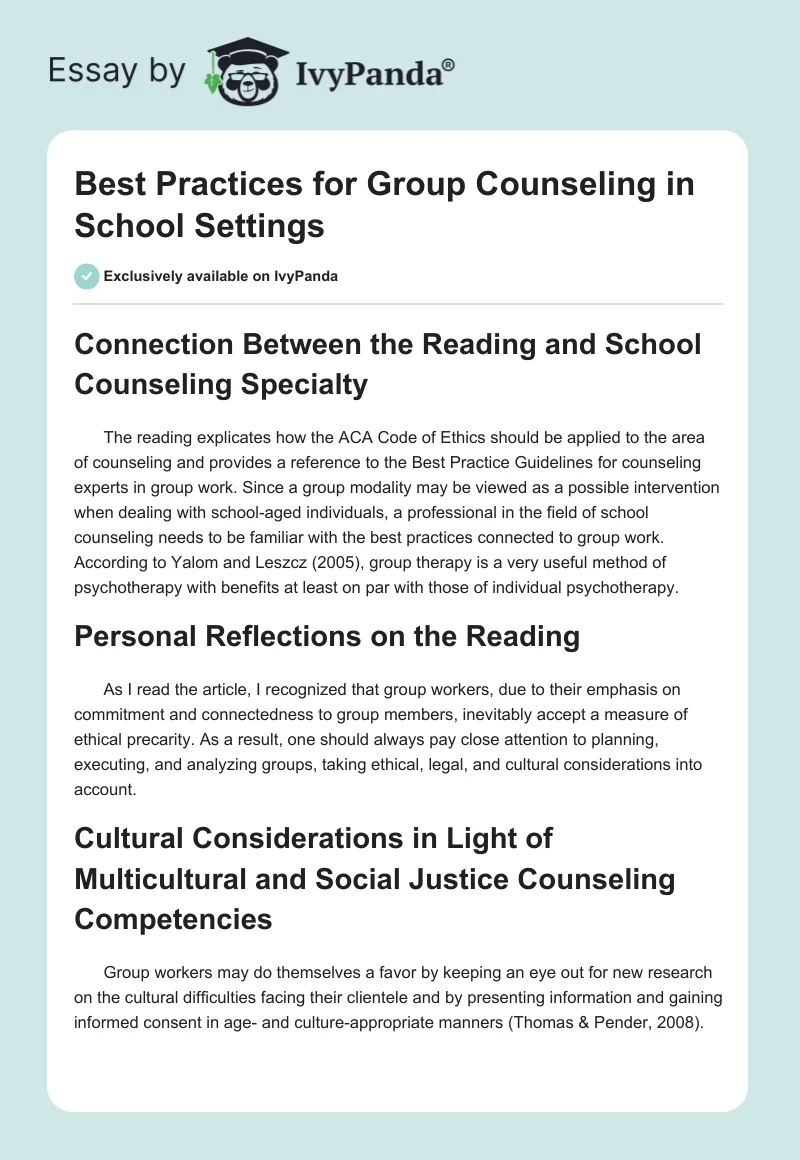 Best Practices for Group Counseling in School Settings. Page 1