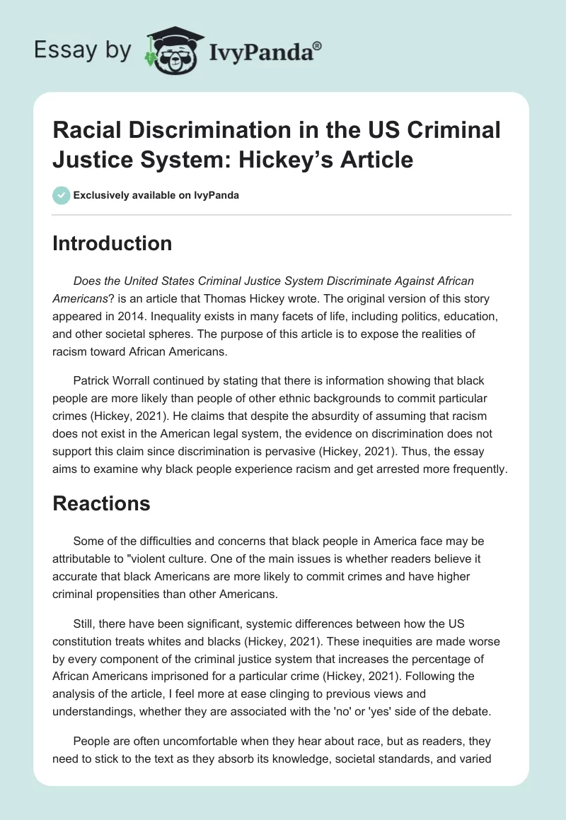 Racial Discrimination in the US Criminal Justice System: Hickey’s Article. Page 1