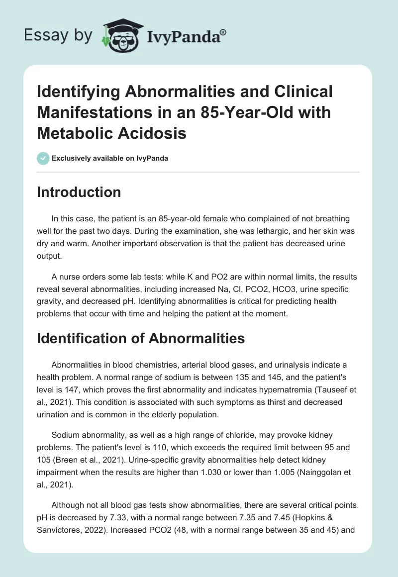 Identifying Abnormalities and Clinical Manifestations in an 85-Year-Old with Metabolic Acidosis. Page 1