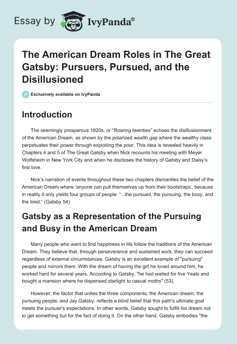 The American Dream Roles in The Great Gatsby: Pursuers, Pursued, and the Disillusioned. Page 1