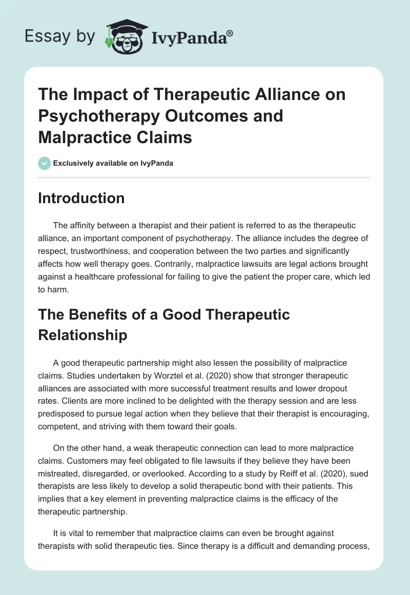 The Impact of Therapeutic Alliance on Psychotherapy Outcomes and Malpractice Claims. Page 1