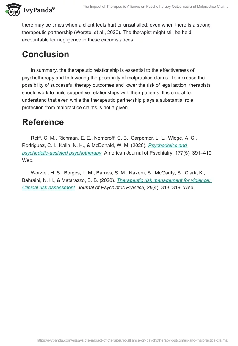 The Impact of Therapeutic Alliance on Psychotherapy Outcomes and Malpractice Claims. Page 2