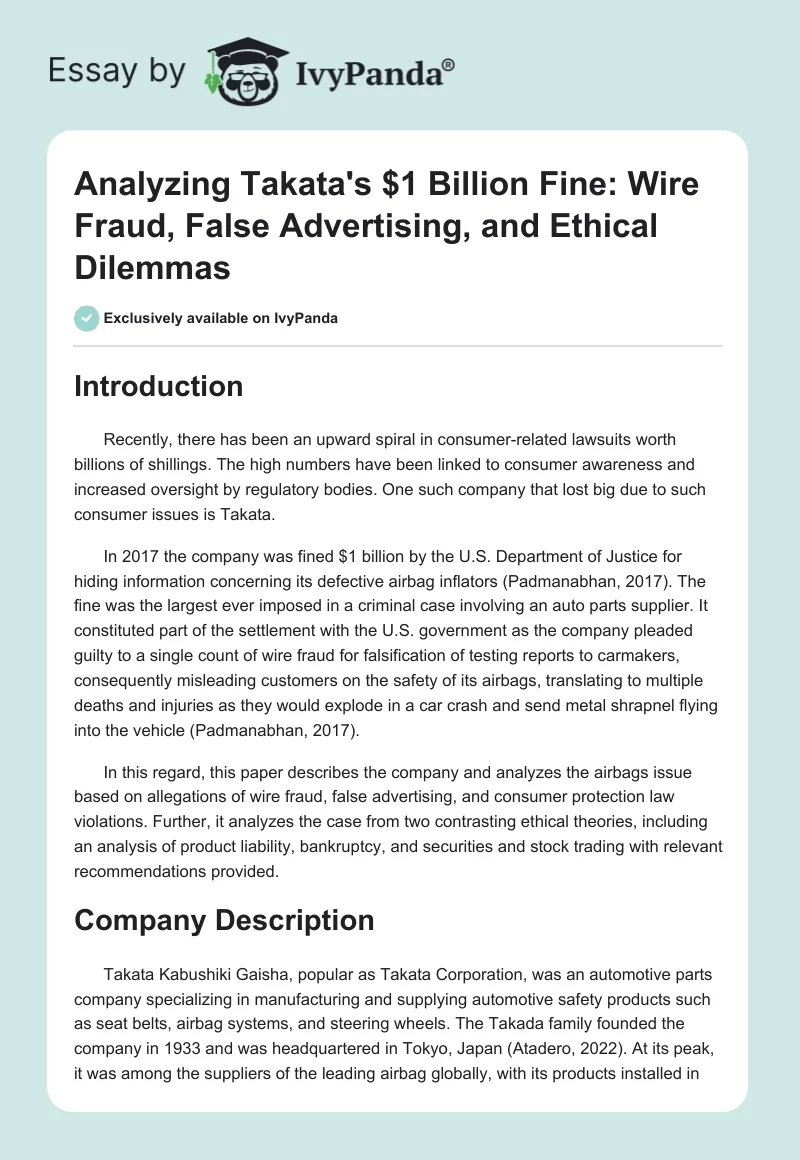 Analyzing Takata's $1 Billion Fine: Wire Fraud, False Advertising, and Ethical Dilemmas. Page 1