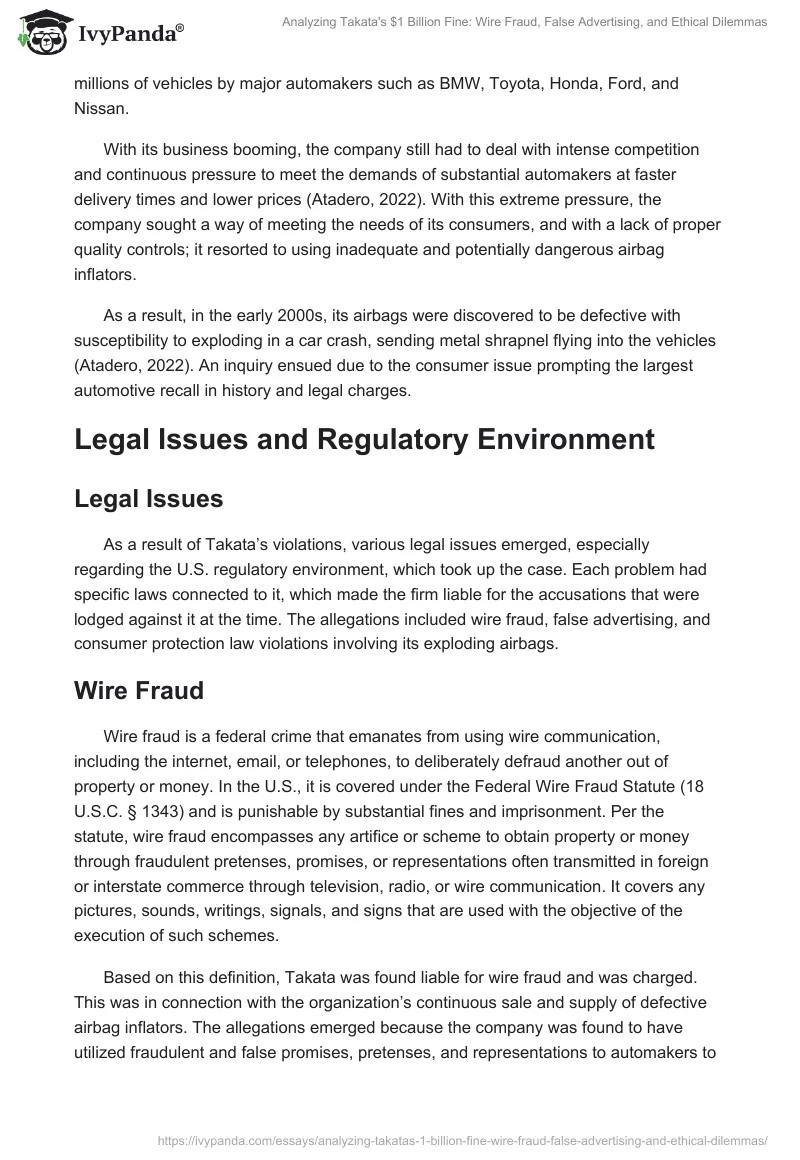 Analyzing Takata's $1 Billion Fine: Wire Fraud, False Advertising, and Ethical Dilemmas. Page 2