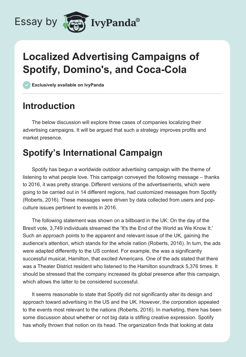 Localized Advertising Campaigns of Spotify, Domino's, and Coca-Cola. Page 1