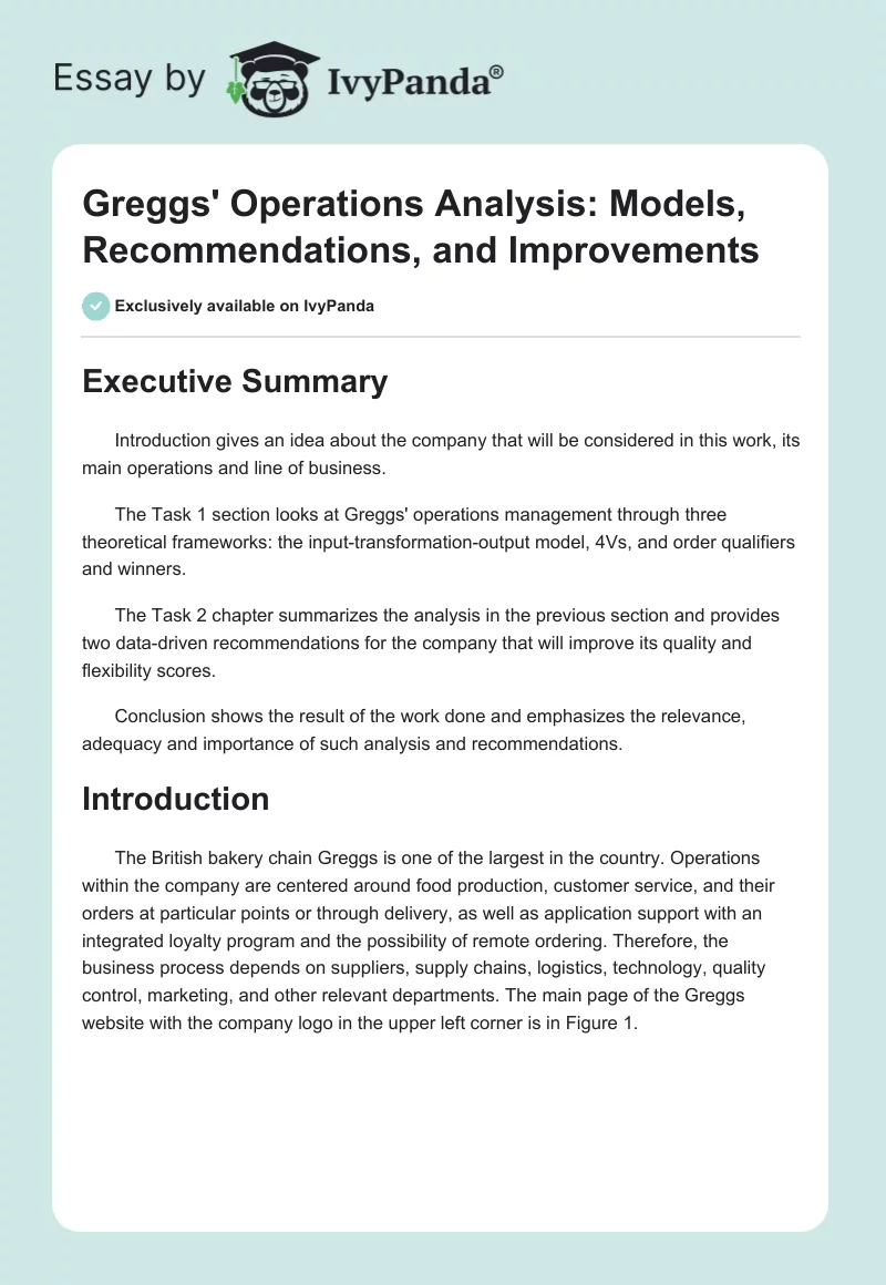 Greggs' Operations Analysis: Models, Recommendations, and Improvements. Page 1