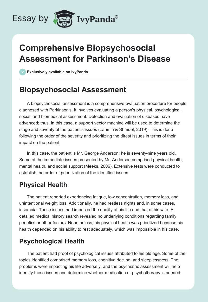 Comprehensive Biopsychosocial Assessment for Parkinson's Disease. Page 1