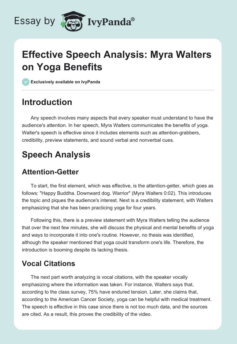 Effective Speech Analysis: Myra Walters on Yoga Benefits. Page 1